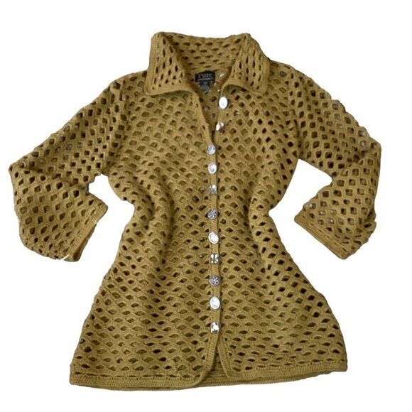 PURE Handknit Open Weave Cardigan Unique Gem Buttons 100% Cotton Sz S/M #283A - Picture 1 of 8